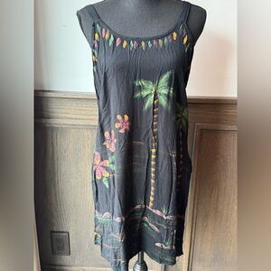 raya sun Black Tropical Palm Print Mini Dress with tie back Medium